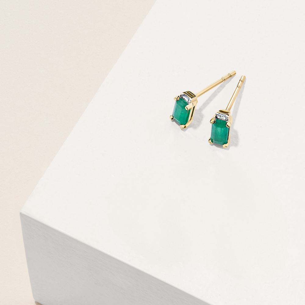 Emerald & Diamond Claw and Channel Set Earrings in 9ct Yellow Gold