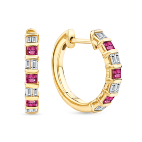 Ruby & 0.20ct TW Diamond Huggie Earrings in 9ct Yellow Gold