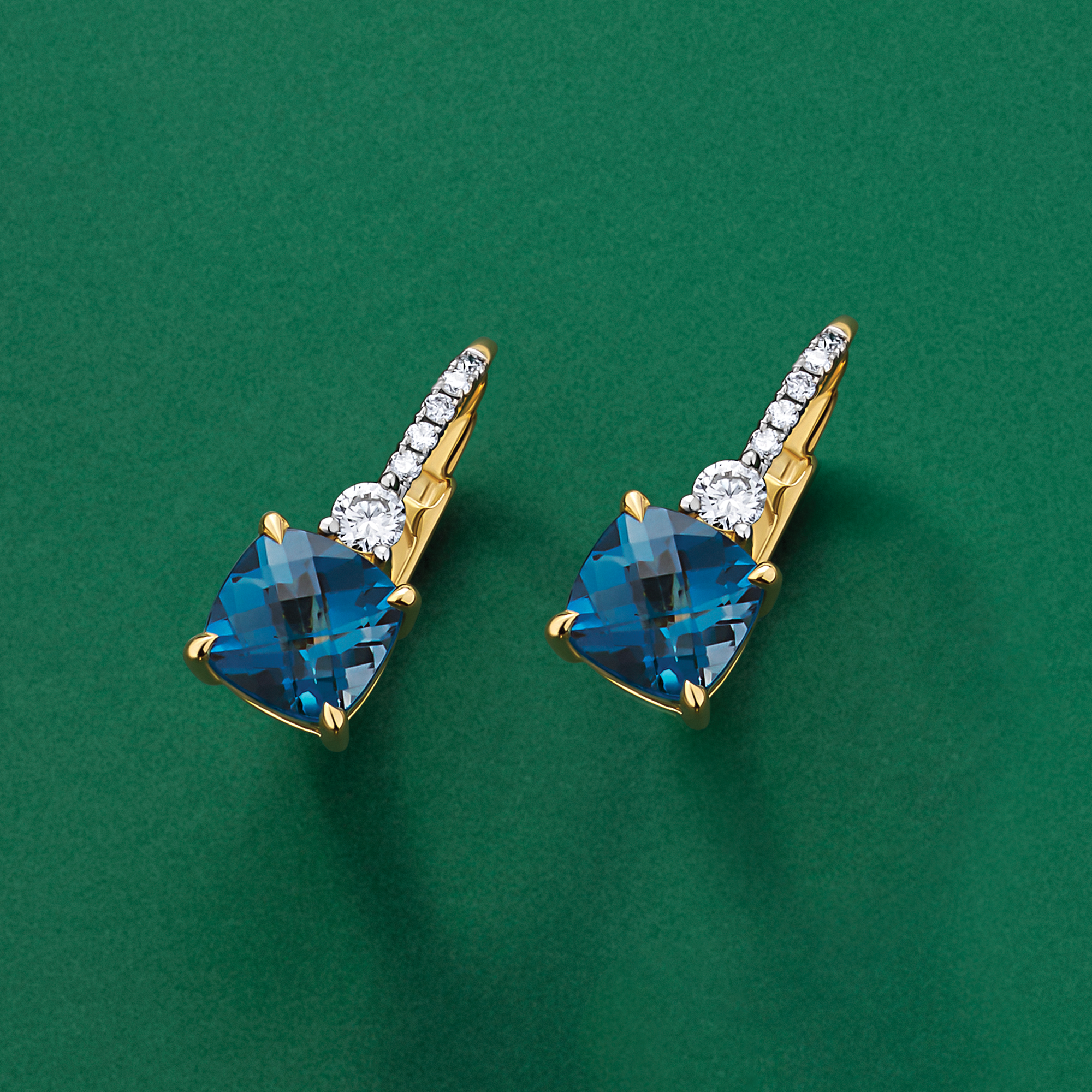 London Blue Topaz & Diamond Checkerboard Drop Earrings in 9ct Yellow Gold