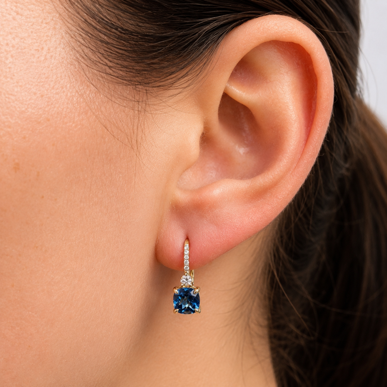 London Blue Topaz & Diamond Checkerboard Drop Earrings in 9ct Yellow Gold