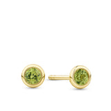 Front-on view of the Wallace Bishop Peridot Bezel Stud Earrings in 9ct Yellow Gold, reference 93ERPER3Y, secured with butterfly backs. Each earring features a natural 3mm round peridot in a bezel setting.