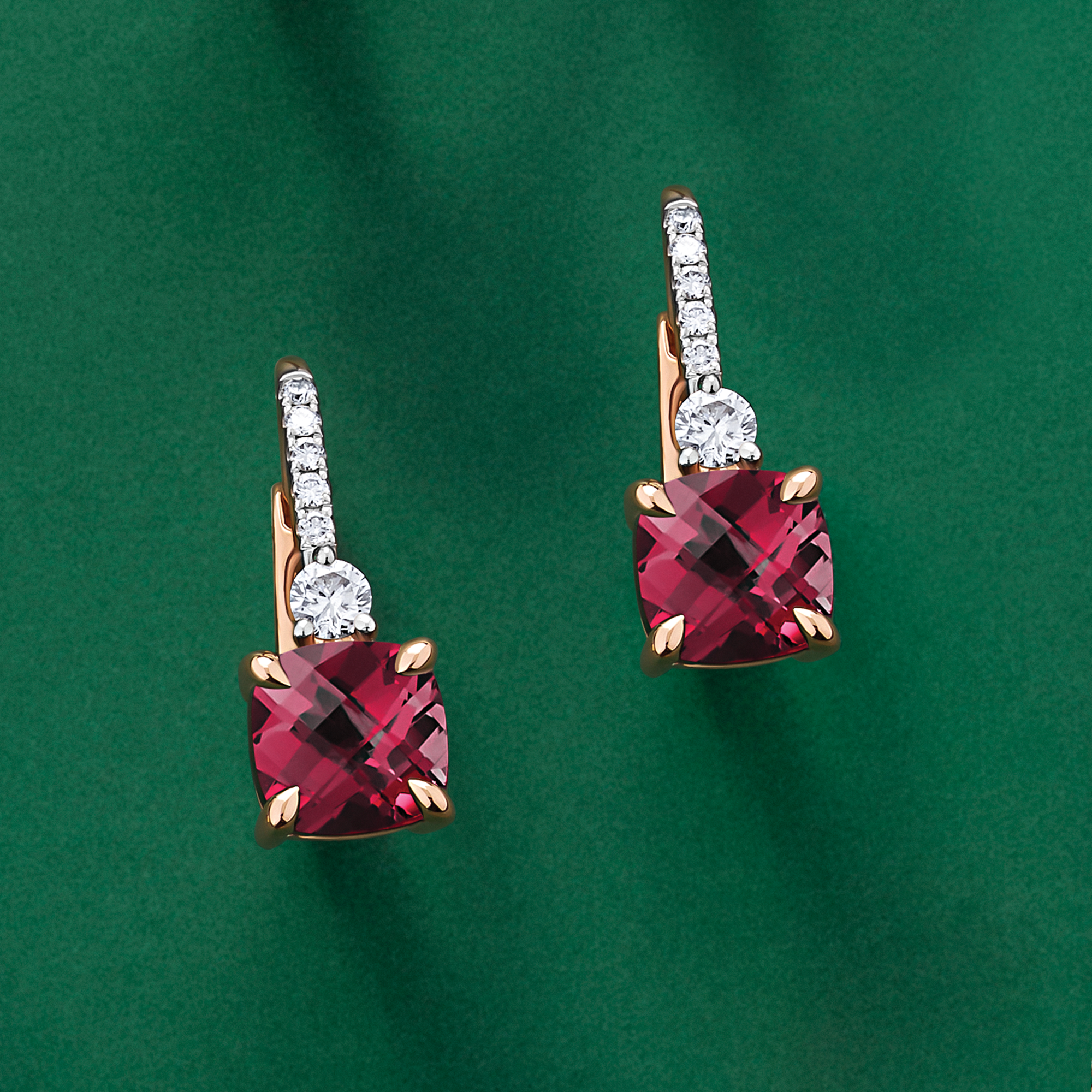 Rhodolite Garnet & Diamond Checkerboard Drop Earrings in 9ct Rose Gold