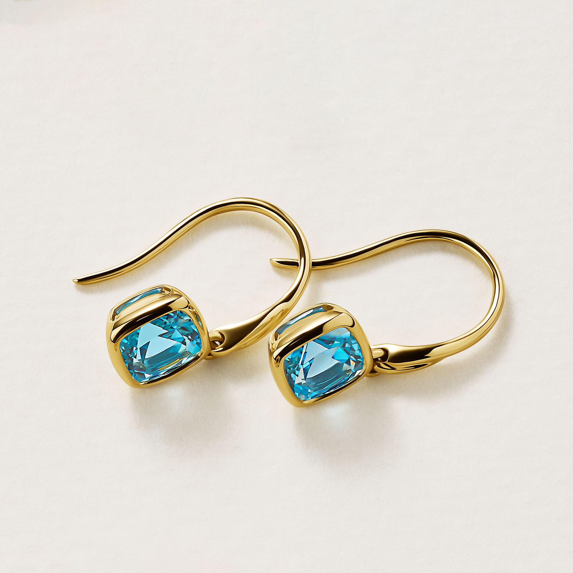 Cushion Cut Swiss Blue Topaz Twist Bezel Set Drop Earrings in 9ct Yellow Gold
