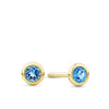 Front-on view of the Wallace Bishop Swiss Blue Topaz Bezel Stud Earrings in 9ct Yellow Gold, reference 93ERSBT3Y, secured with butterfly backs. Each earring features a natural 3mm round Swiss blue topaz in a bezel setting.