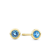 Front-on view of the Wallace Bishop Swiss Blue Topaz Bezel Stud Earrings in 9ct Yellow Gold, reference 93ERSBT3Y, secured with butterfly backs. Each earring features a natural 3mm round Swiss blue topaz in a bezel setting.