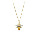 Front-on view of the Wallace Bishop 0.04 TDW Round Citrine & Diamond Bee Pendant in 9ct Yellow Gold, reference 93PCBEE9Y. The pendant features a round natural citrine as the bee's body, accented by round brilliant cut natural diamonds along the wings.