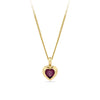 Front-on view of the Wallace Bishop Heart Rhodolite Garnet Double Bezel Pendant in 9ct Yellow Gold, reference 93PDHTRH1Y, measuring 12.25mm in length and 7.45mm in width. The pendant features a natural 5mm heart-cut rhodolite garnet in a double bezel setting.