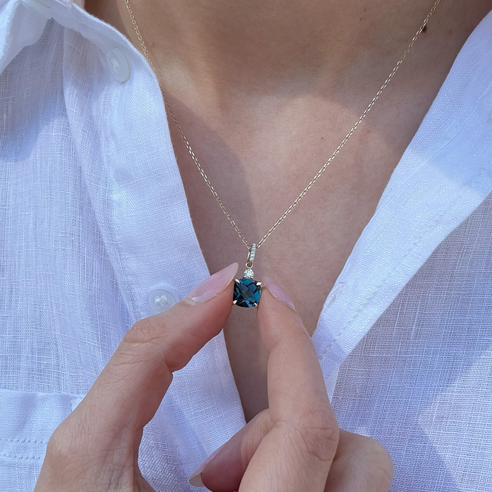 London Blue Topaz & Diamond Checkerboard Pendant in 9ct Yellow Gold