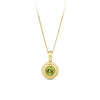 Front-on view of the Wallace Bishop Round Peridot Double Bezel Pendant in 9ct Yellow Gold, reference 93PDRDPE1Y, measuring 12.15mm by 7.45mm. The polished gold pendant features a natural 4.5mm round peridot in a double bezel setting.