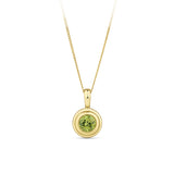 Front-on view of the Wallace Bishop Round Peridot Double Bezel Pendant in 9ct Yellow Gold, reference 93PDRDPE1Y, measuring 12.15mm by 7.45mm. The polished gold pendant features a natural 4.5mm round peridot in a double bezel setting.