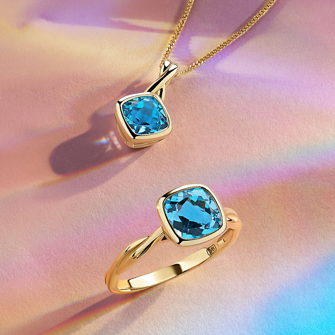 Cushion Cut Swiss Blue Topaz Twist Bezel Set Pendant in 9ct Yellow Gold