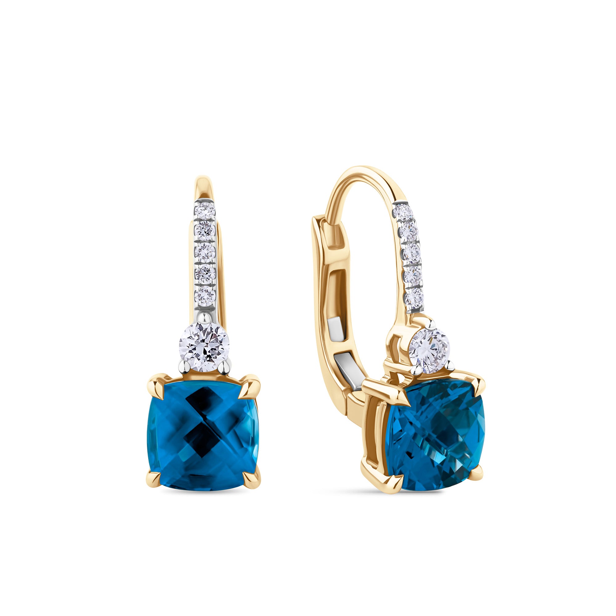 London Blue Topaz & Diamond Checkerboard Drop Earrings in 9ct Yellow Gold