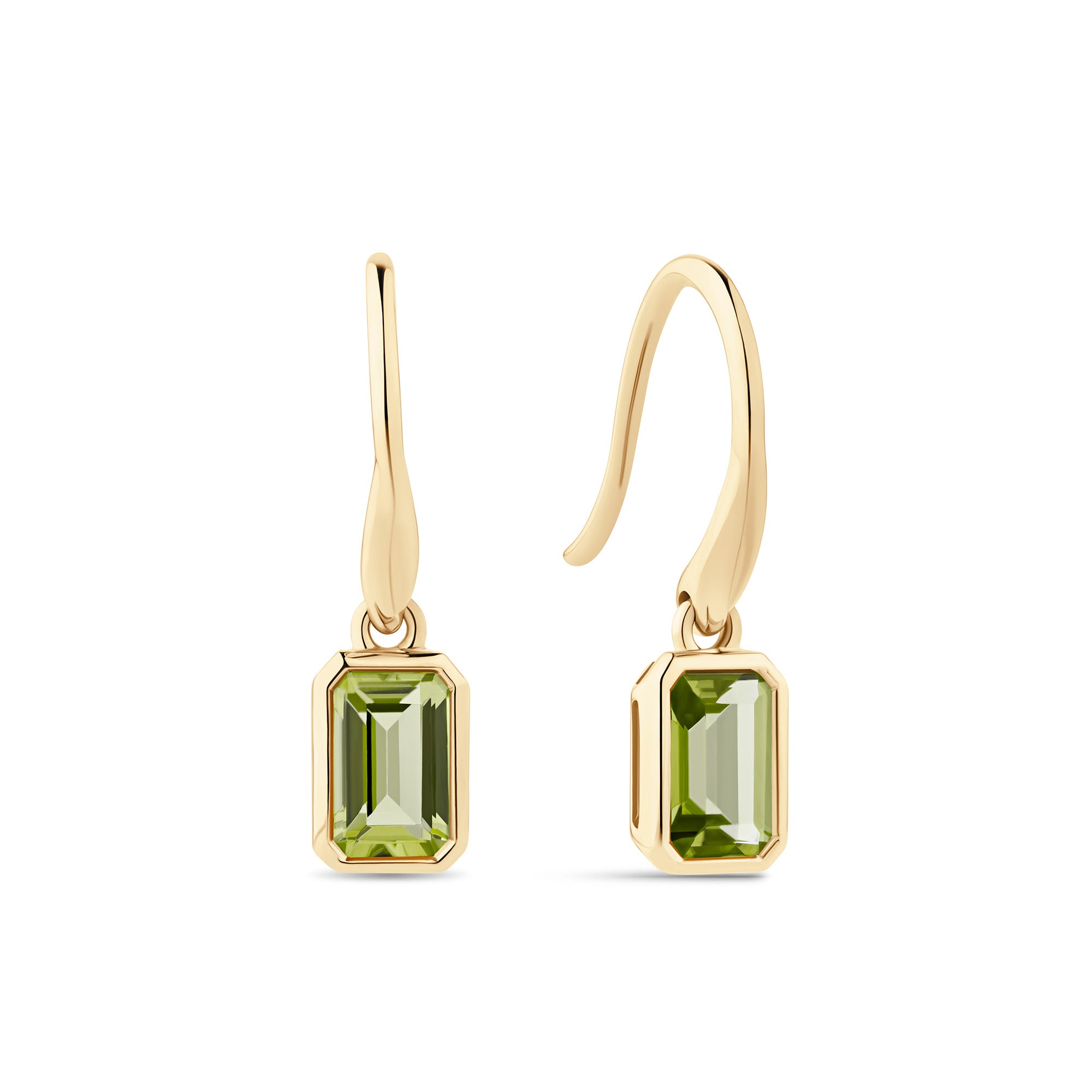 Emerald Cut Peridot Twist Bezel Set Drop Earrings in 9ct Yellow Gold