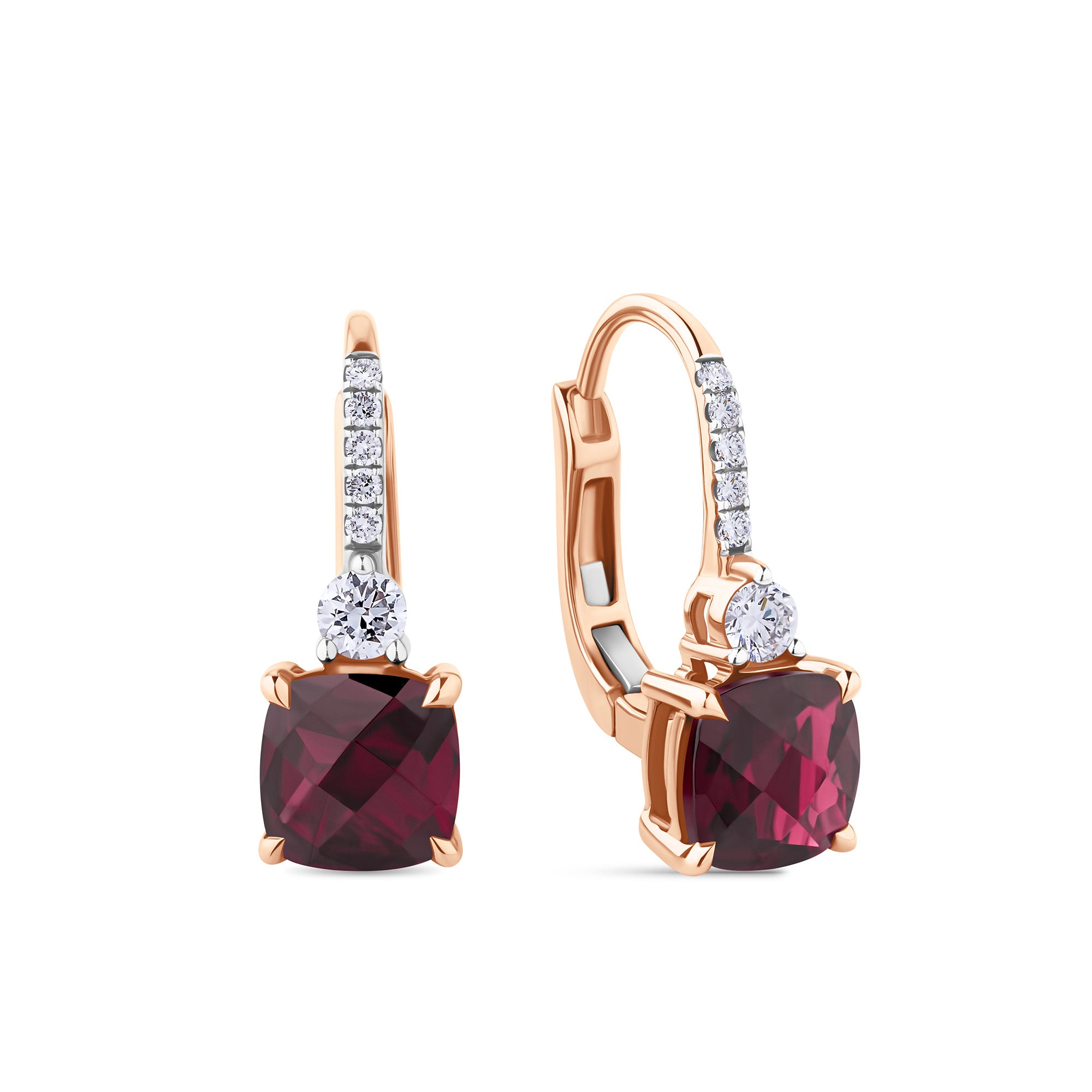 Rhodolite Garnet & Diamond Checkerboard Drop Earrings in 9ct Rose Gold