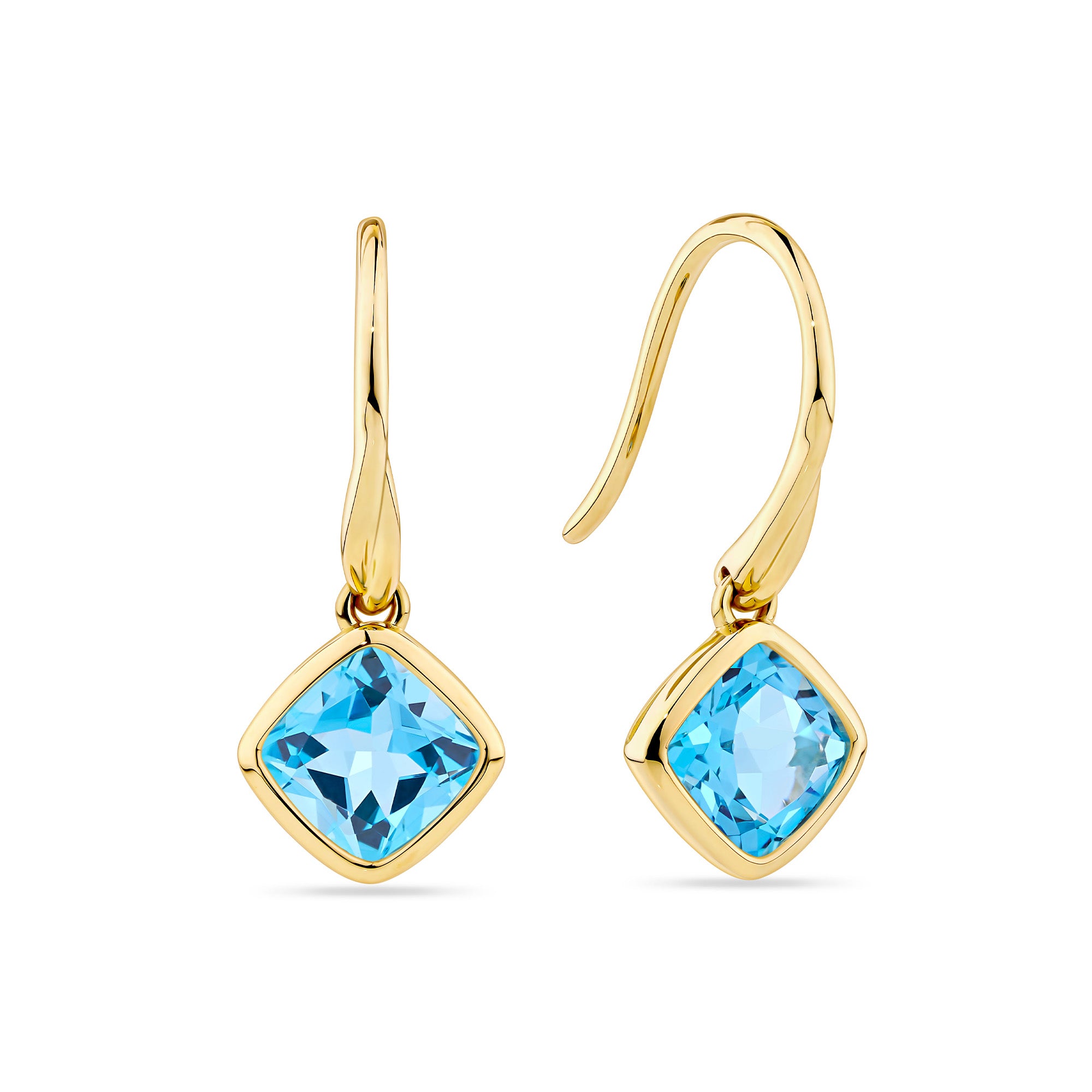 Cushion Cut Swiss Blue Topaz Twist Bezel Set Drop Earrings in 9ct Yellow Gold