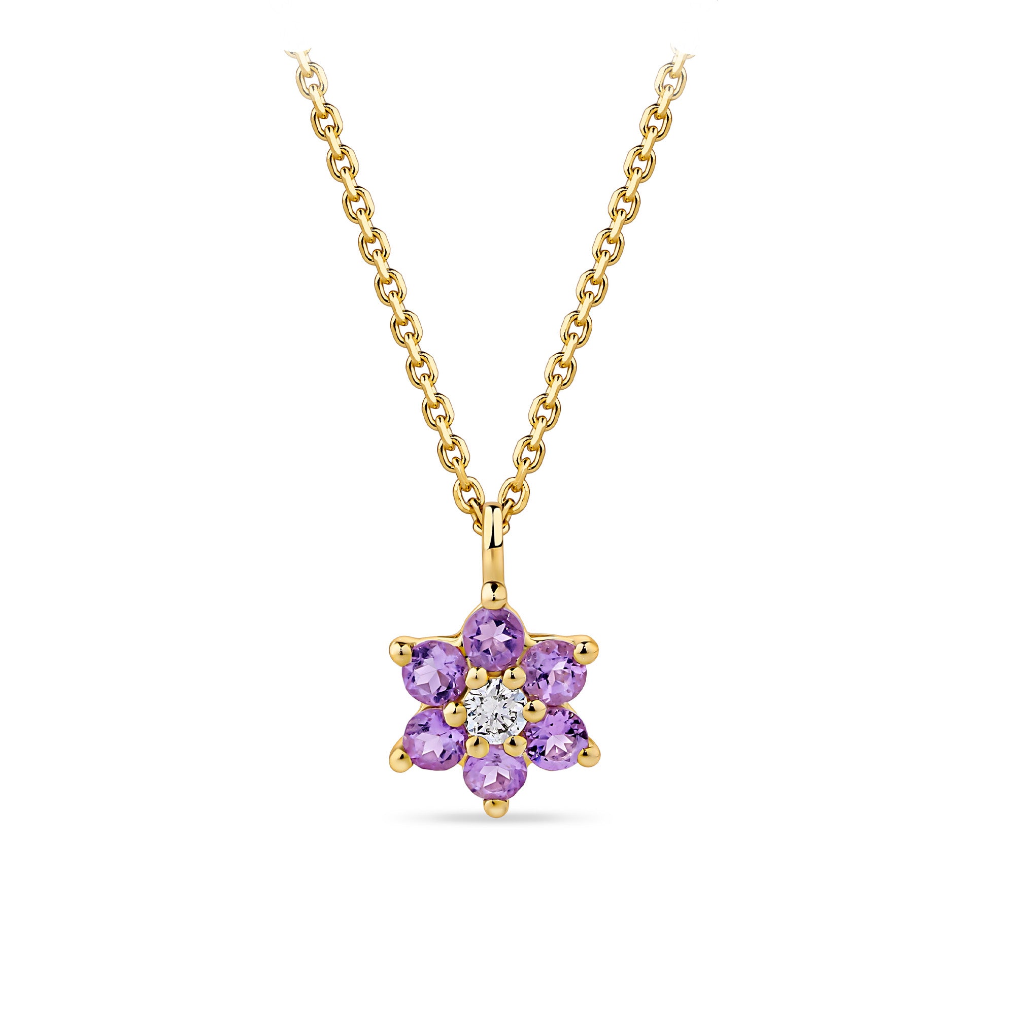Amethyst & Diamond Flower Pendant in 9ct Yellow Gold