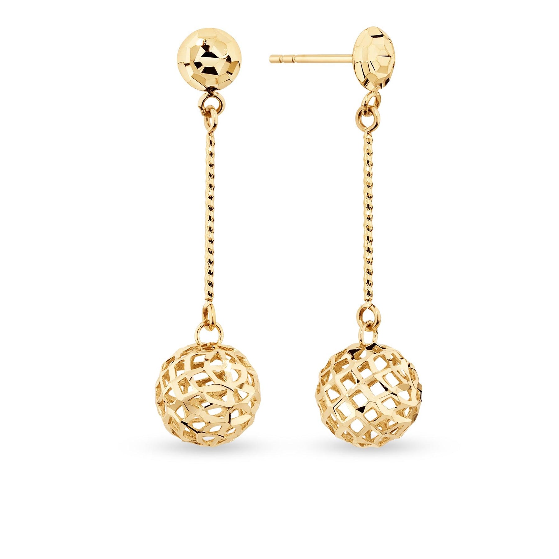 9ct Yellow Gold Diamond Cut Ball Drop Earrings - Wallace Bishop