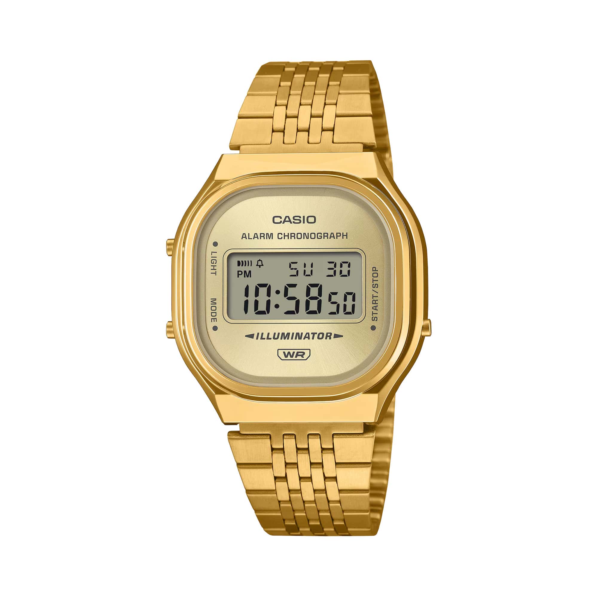 Casio Vintage A140WEG-9A unisex digital watch with light gold sunray dial, gold ion-plated resin case and multi-row gold ion-plated stainless steel bracelet, front-facing view.