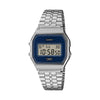 Casio Vintage A159WEVJ-2D front view, featuring the compact 33.2mm chrome-plated resin case with stainless steel bracelet, deep indigo Seigaiha wave-patterned dial combining vapor deposition and printed finishes, and the classic rectangular digital LCD display — a Made-in-Japan limited edition Vintage.