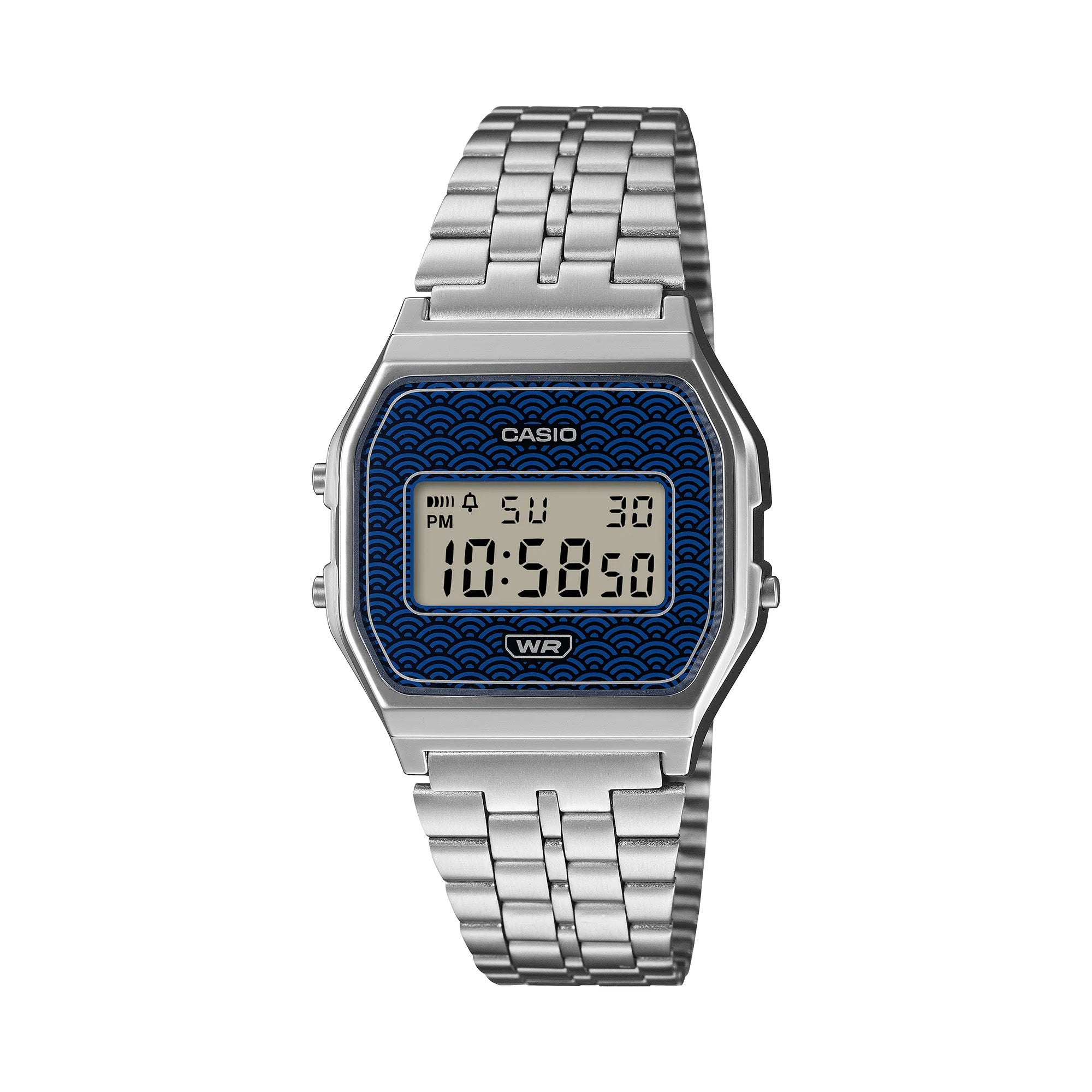 Casio Vintage A159WEVJ-2D front view, featuring the compact 33.2mm chrome-plated resin case with stainless steel bracelet, deep indigo Seigaiha wave-patterned dial combining vapor deposition and printed finishes, and the classic rectangular digital LCD display — a Made-in-Japan limited edition Vintage.