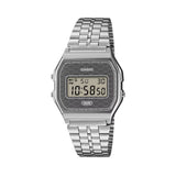 Casio Vintage A159WEVJ-7D front view, featuring the compact 33.2mm chrome-plated resin case with stainless steel bracelet, silver-grey Seigaiha wave-patterned dial combining vapor deposition and printed finishes for a light-shifting shimmer, and the classic rectangular digital LCD display — a Made-in-Japan limited edition Vintage.