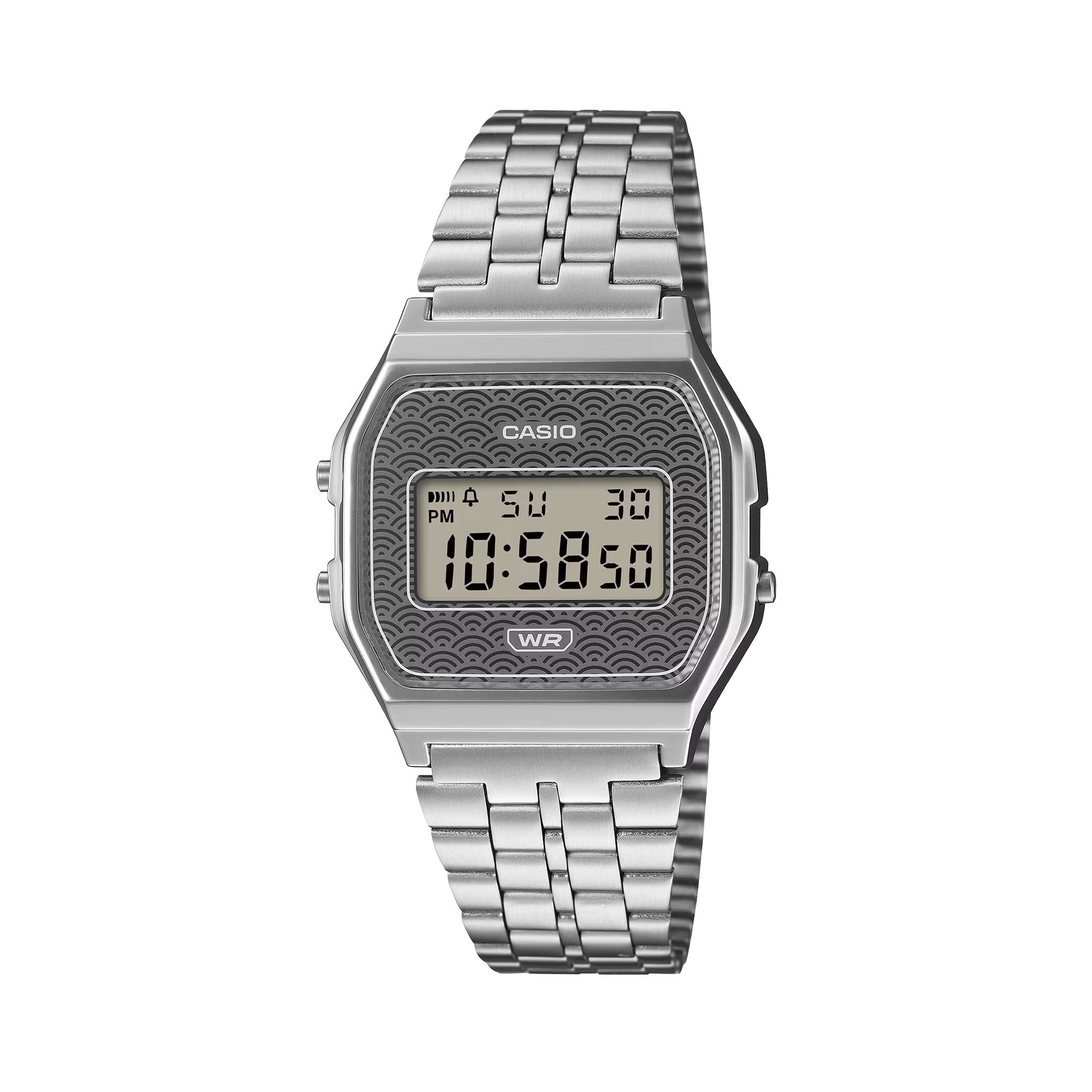 Casio Vintage A159WEVJ-7D front view, featuring the compact 33.2mm chrome-plated resin case with stainless steel bracelet, silver-grey Seigaiha wave-patterned dial combining vapor deposition and printed finishes for a light-shifting shimmer, and the classic rectangular digital LCD display — a Made-in-Japan limited edition Vintage.