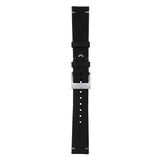A black watch strap with silver-toned metal hardware, including a silver buckle and silver-toned stitching details, shown vertically against a plain white background.