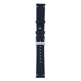 A dark navy blue watch strap with a silver metal buckle, shown vertically against a plain white background.