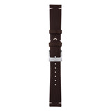 A dark brown leather watch strap with a silver-toned metal buckle, shown vertically against a plain white background.