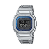 Front-on view of the Casio G-SHOCK Full Metal GMW-B5000D-2 Men's Digital Watch, 49mm case, in silver stainless steel with a blue dial accent. The square full-metal case and digital display are clearly visible from this straight-on angle.