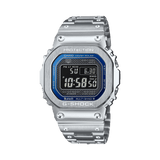 Front-on view of the Casio G-SHOCK Full Metal GMW-B5000D-2 Men's Digital Watch, 49mm case, in silver stainless steel with a blue dial accent. The square full-metal case and digital display are clearly visible from this straight-on angle.