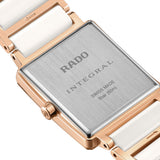 Close-up of a Rado watch case with rose gold and white accents 