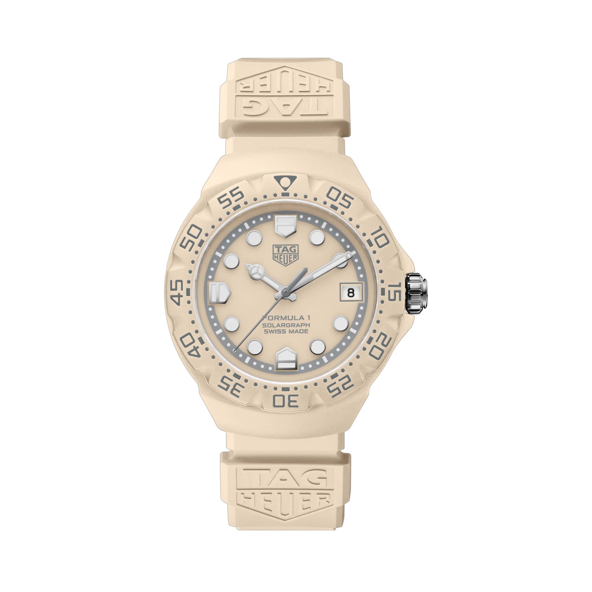 TAG Heuer Formula 1 Solargraph limited edition watch with beige cream opaline dial, matching beige rubber strap, and 38mm beige TH-Polylight case in a retro-inspired sports watch design.