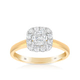 0.75ct TW round brilliant cut diamond halo engagement ring in 18ct yellow gold with a square shaped diamond halo and white gold setting.