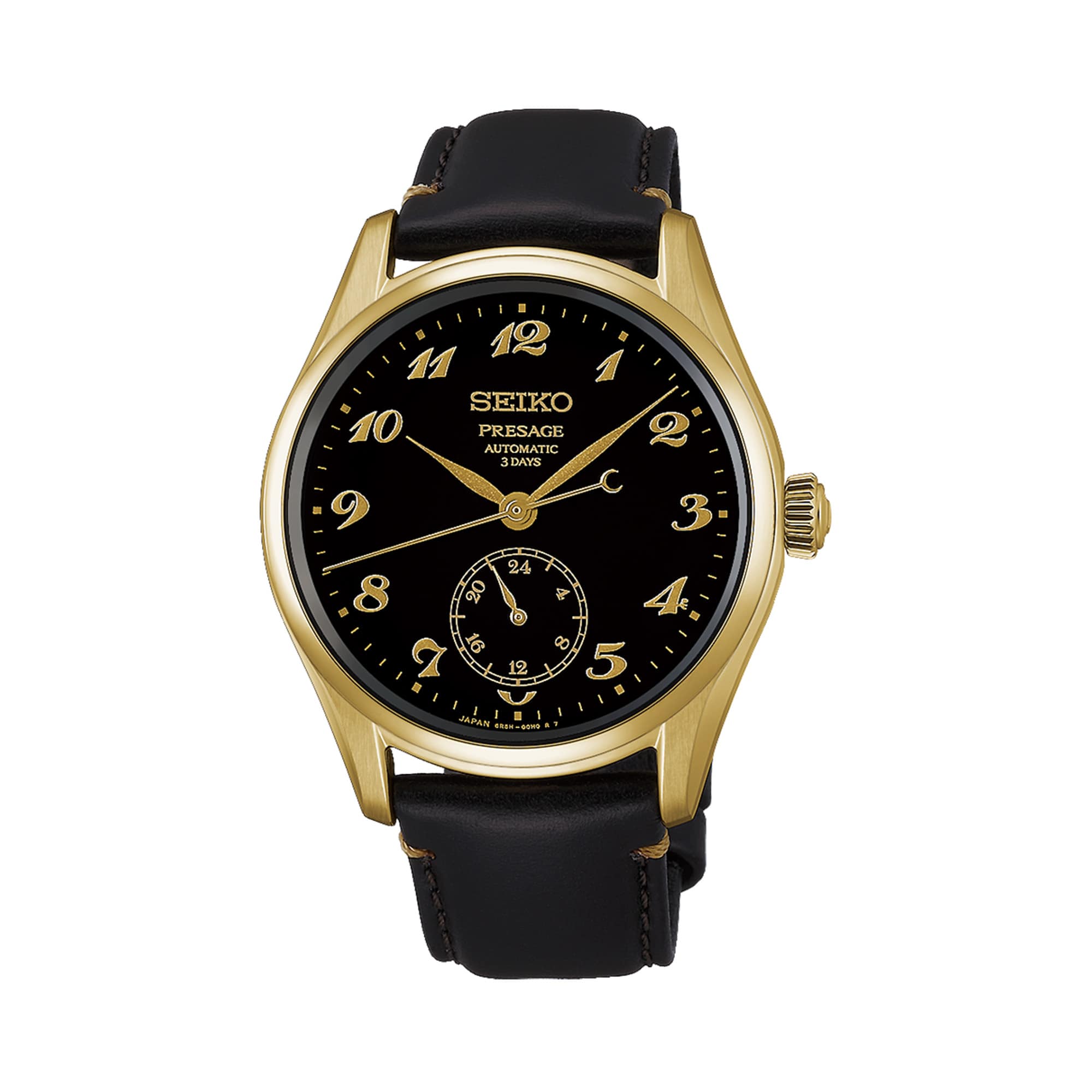 The Seiko Presage Automatic 39.60mm Watch HCC006J features a black urushi lacquer dial with Breguet-style numerals finished in gold powder lacquer. The 39.6mm yellow gold-coloured case is fitted with dual-curved sapphire crystal.