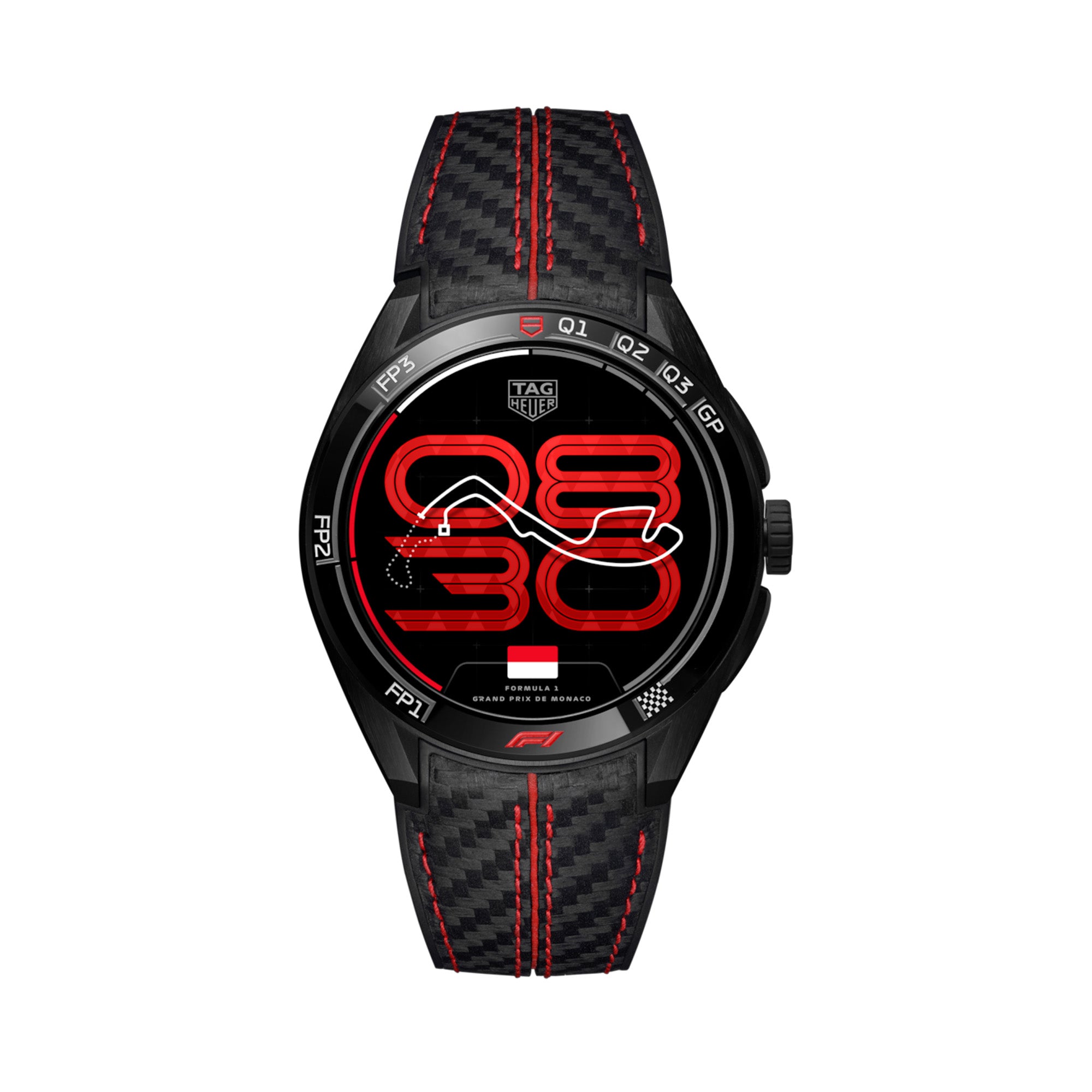 Black Tag Hauer smartwatch with red accents