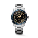Silver Longines watch with black dial and blue bezel