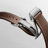 Close-up of a Longines brown leather watch strap with a silver clasp 