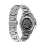 Back profile - Timex Waterbury Heritage Automatic GMT men’s watch with black dial, stainless steel bracelet, and stainless steel case featuring a rotating bezel and GMT hand for dual time zone tracking in a classic heritage design.