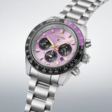 From this angle, the Seiko Prospex Speedtimer Solar Chronograph Men's 41.40mm Watch HBJ005J shows the Edo purple dial's gold accents and bi-colour bezel together with the stainless steel case and bracelet.