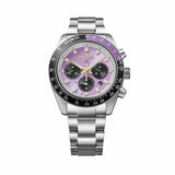 The Seiko Prospex Speedtimer Solar Chronograph Men's 41.40mm Watch HBJ005J reveals the dial's chronograph subdials, Edo purple colouring and gold accents in close detail.