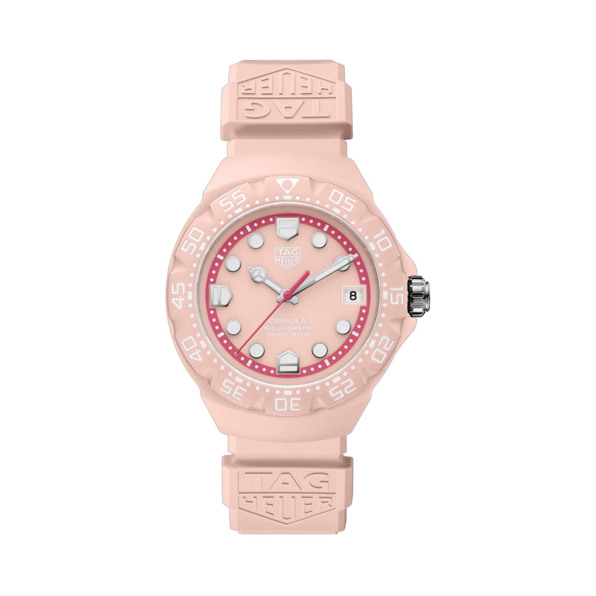 TAG Heuer Formula 1 Solargraph limited edition watch with pink dial, matching pink rubber strap, and 38mm pink TH-Polylight case in a bold retro-inspired sports design.