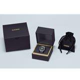 Front-on view of the Casio Ring Watch Digital 25mm Watch CRW001-1D in an open box with a closed box and pouch on a light gray background