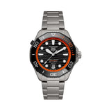 TAG Heuer Aquaracer Professional 500 Date limited edition men’s watch with black lacquered dial, orange accents, titanium bracelet, and 42mm titanium case featuring a black ceramic dive bezel in a professional luxury dive watch design.