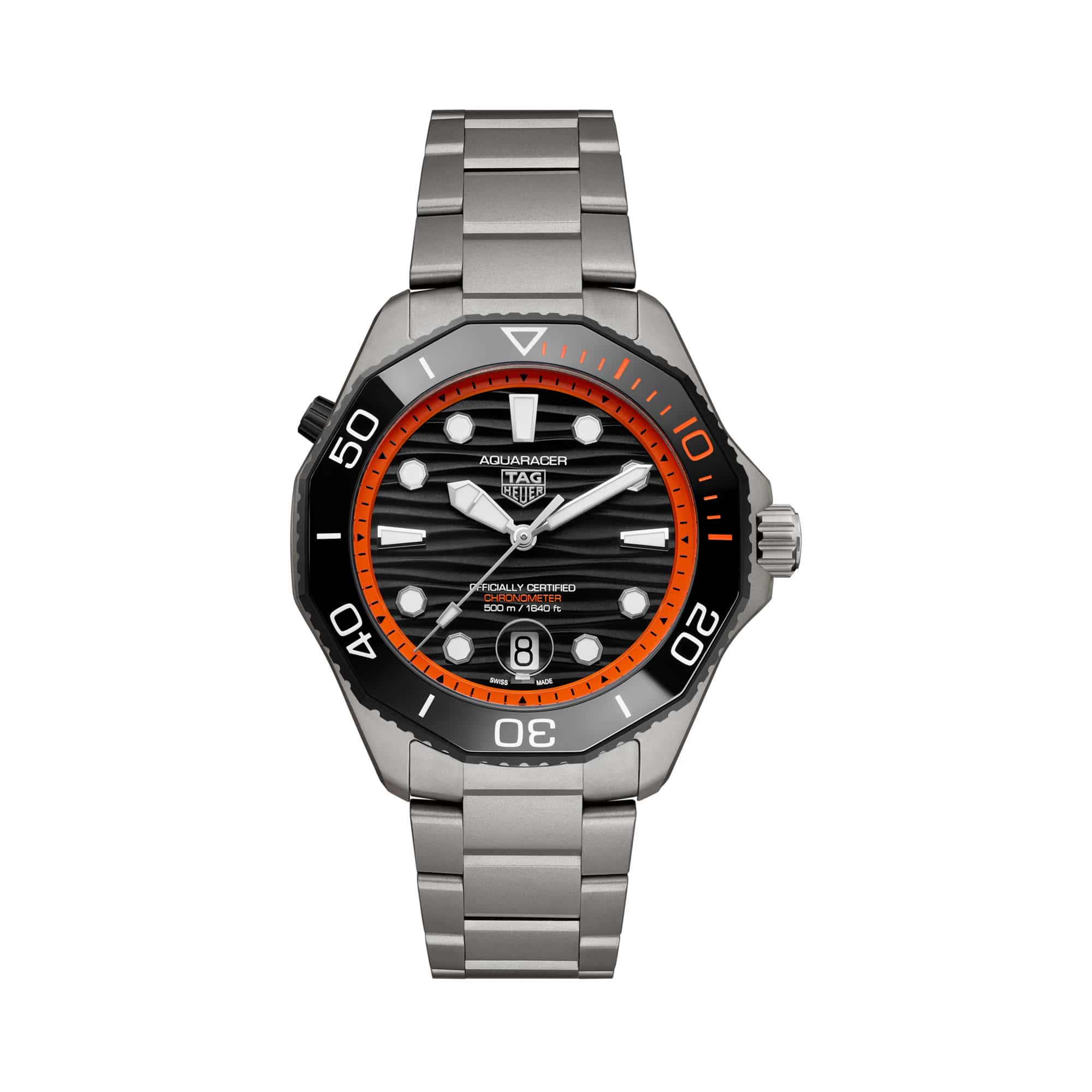 TAG Heuer Aquaracer Professional 500 Date limited edition men’s watch with black lacquered dial, orange accents, titanium bracelet, and 42mm titanium case featuring a black ceramic dive bezel in a professional luxury dive watch design.