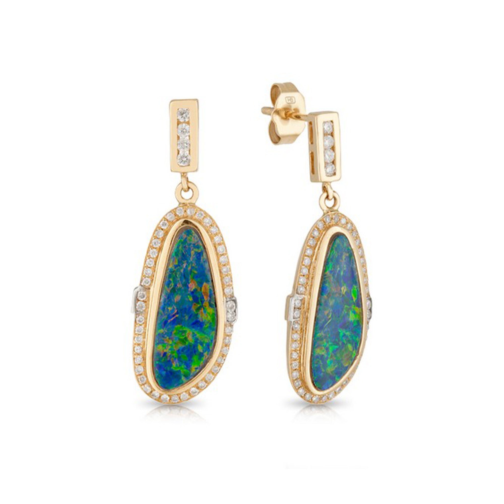 Opal and Diamond Bezel Set Earrings in 14ct Yellow Gold