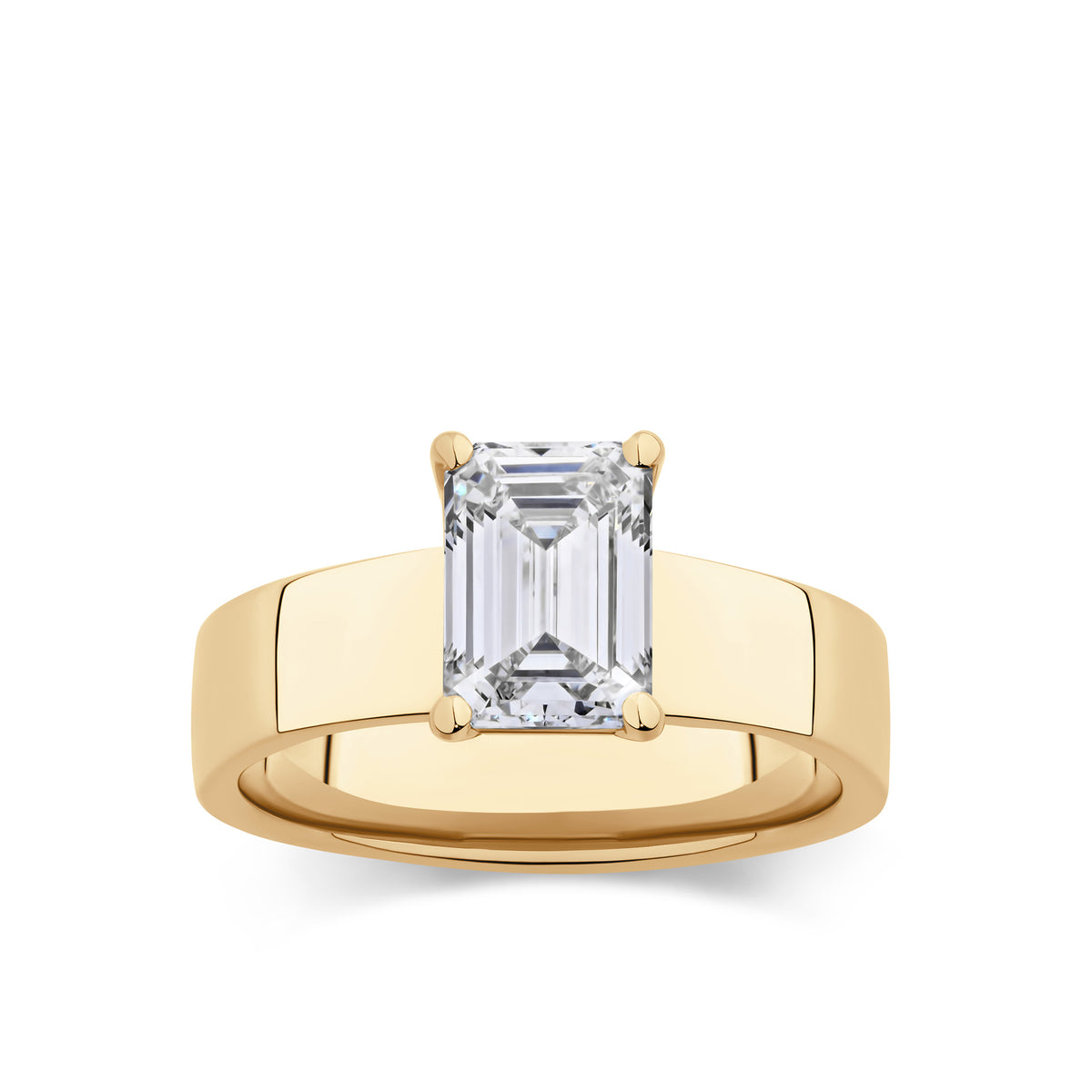 Everlasting 2.00ct TW Emerald Cut Lab Grown Diamond Wide Band Solitaire Engagement Ring in 18ct Yellow Gold