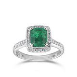 Emerald and Diamond Halo Ring in 18ct White Gold