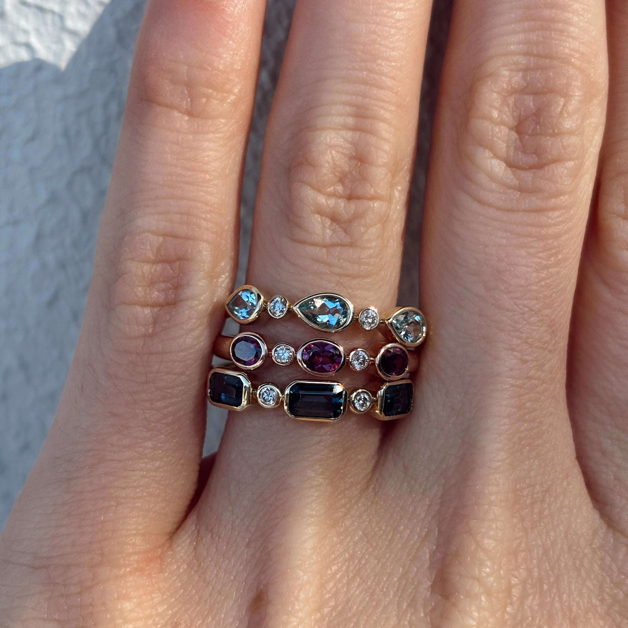 Rhodolite Garnet & Diamond Bezel Set Alternating Ring in 9ct Rose Gold