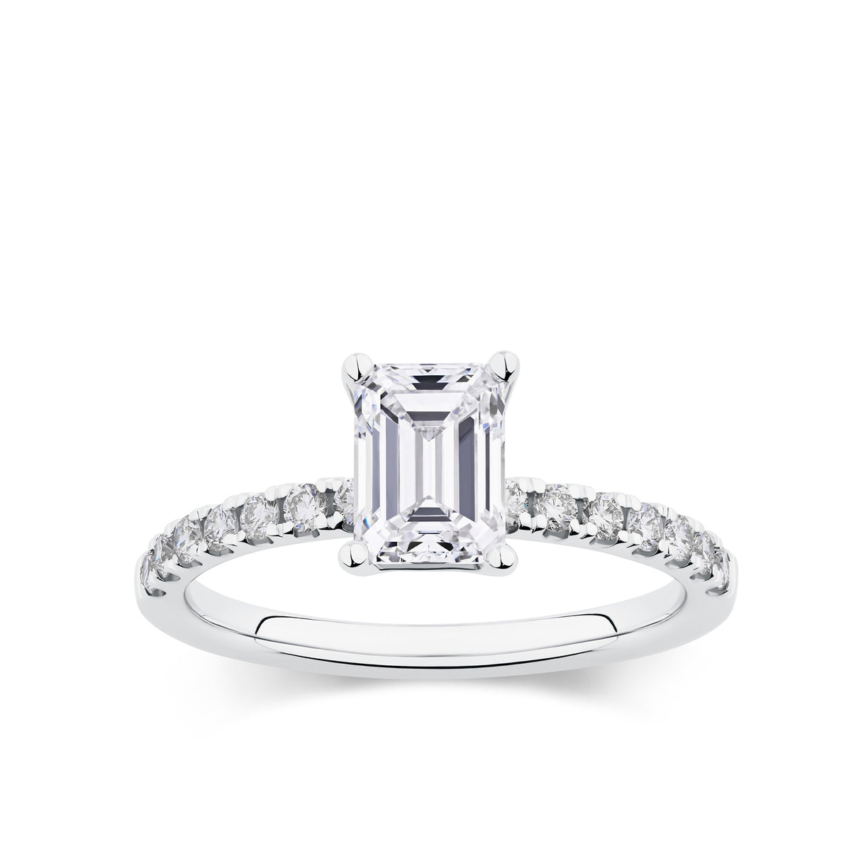 Everlasting 1.58ct TW Emerald Cut Lab Grown Diamond Solitaire Pave Band Engagement Ring in 18ct White Gold
